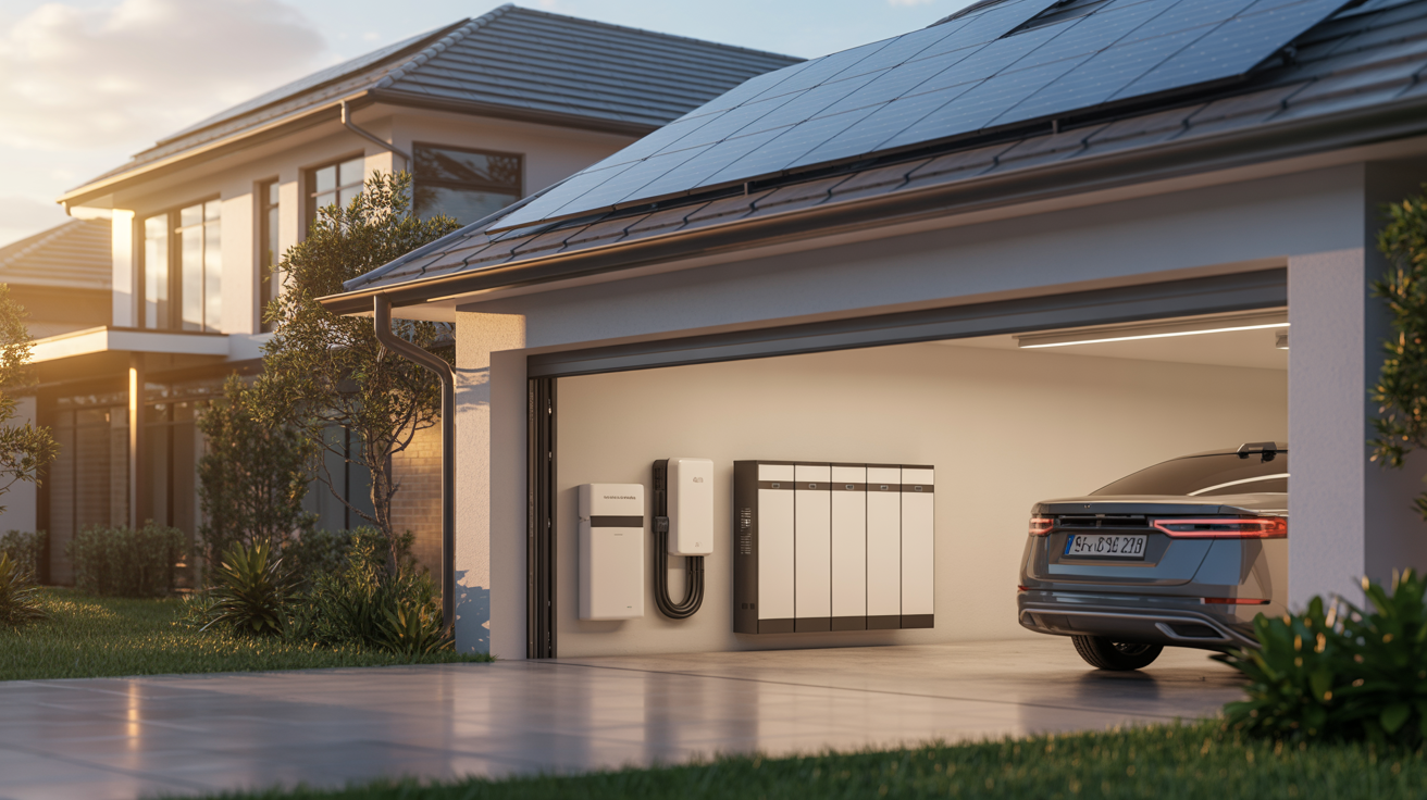 Home with solar panels and garage battery system