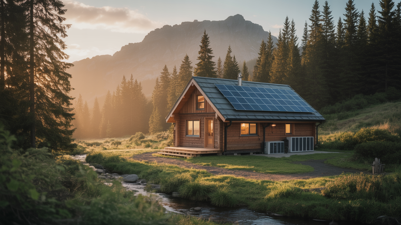 Off-grid cabin with solar panels and battery system