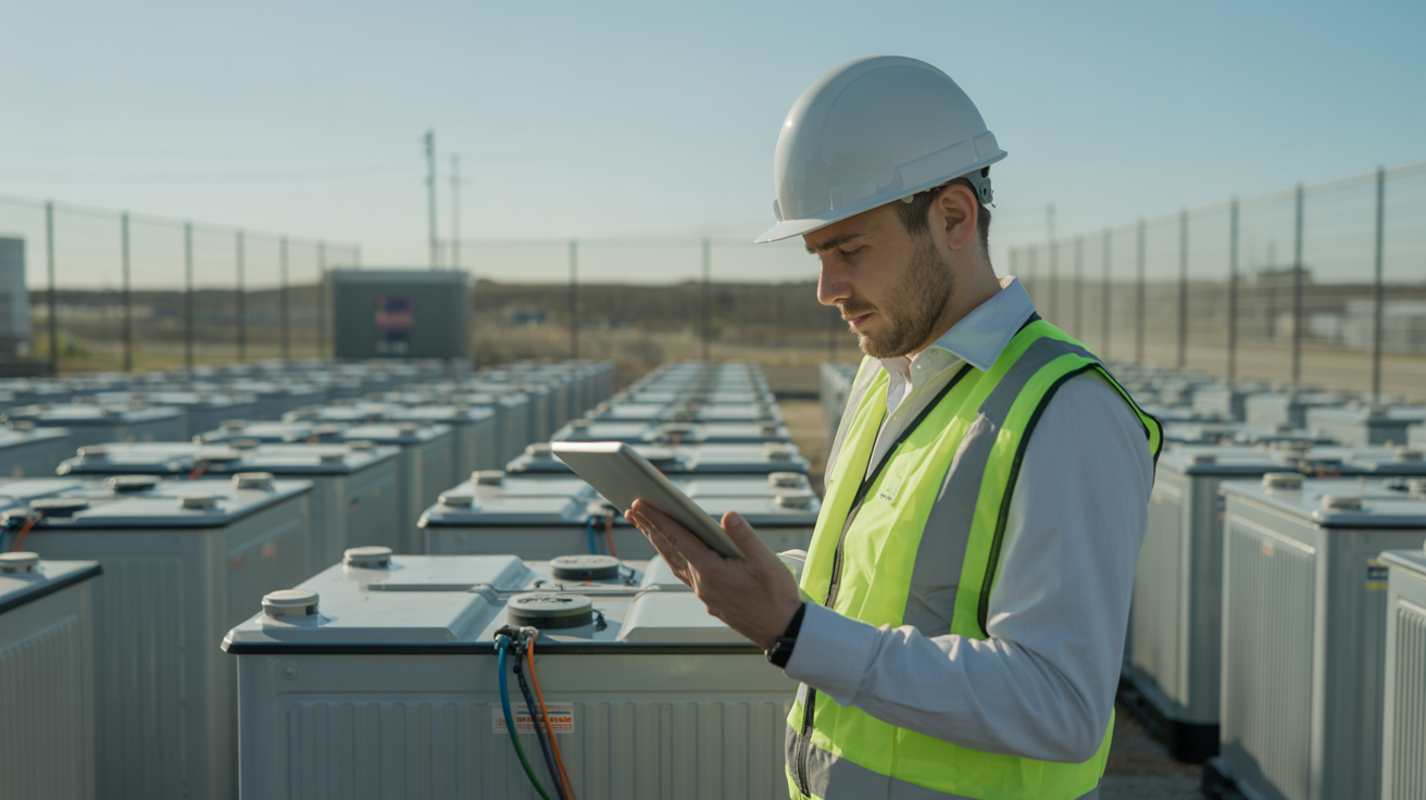 Technician inspecting battery energy storage system