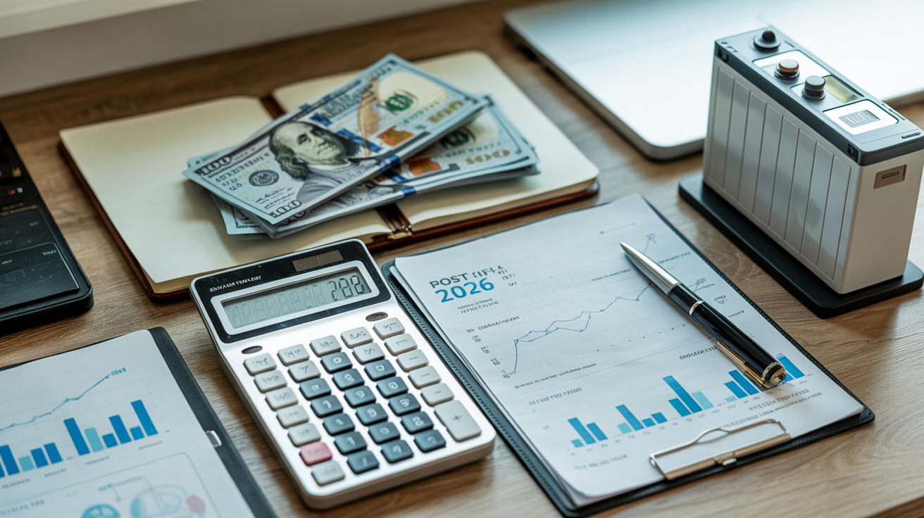 Financial planning desk with calculator and battery storage model
