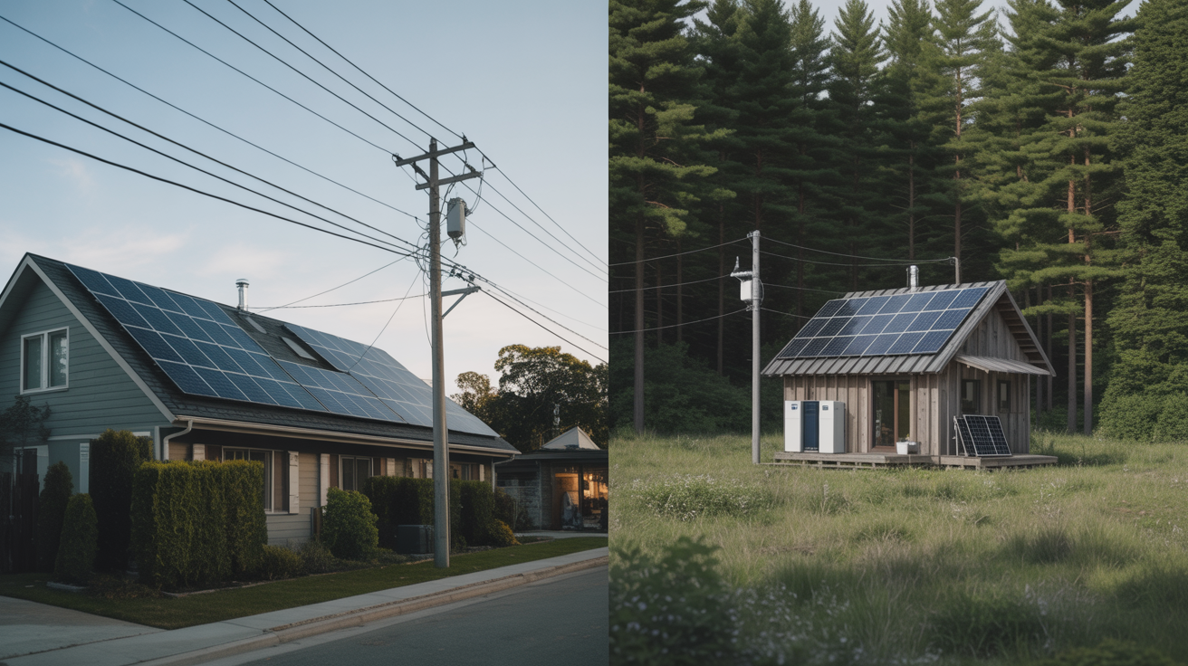 Grid-tied house with power lines vs off-grid cabin with solar
