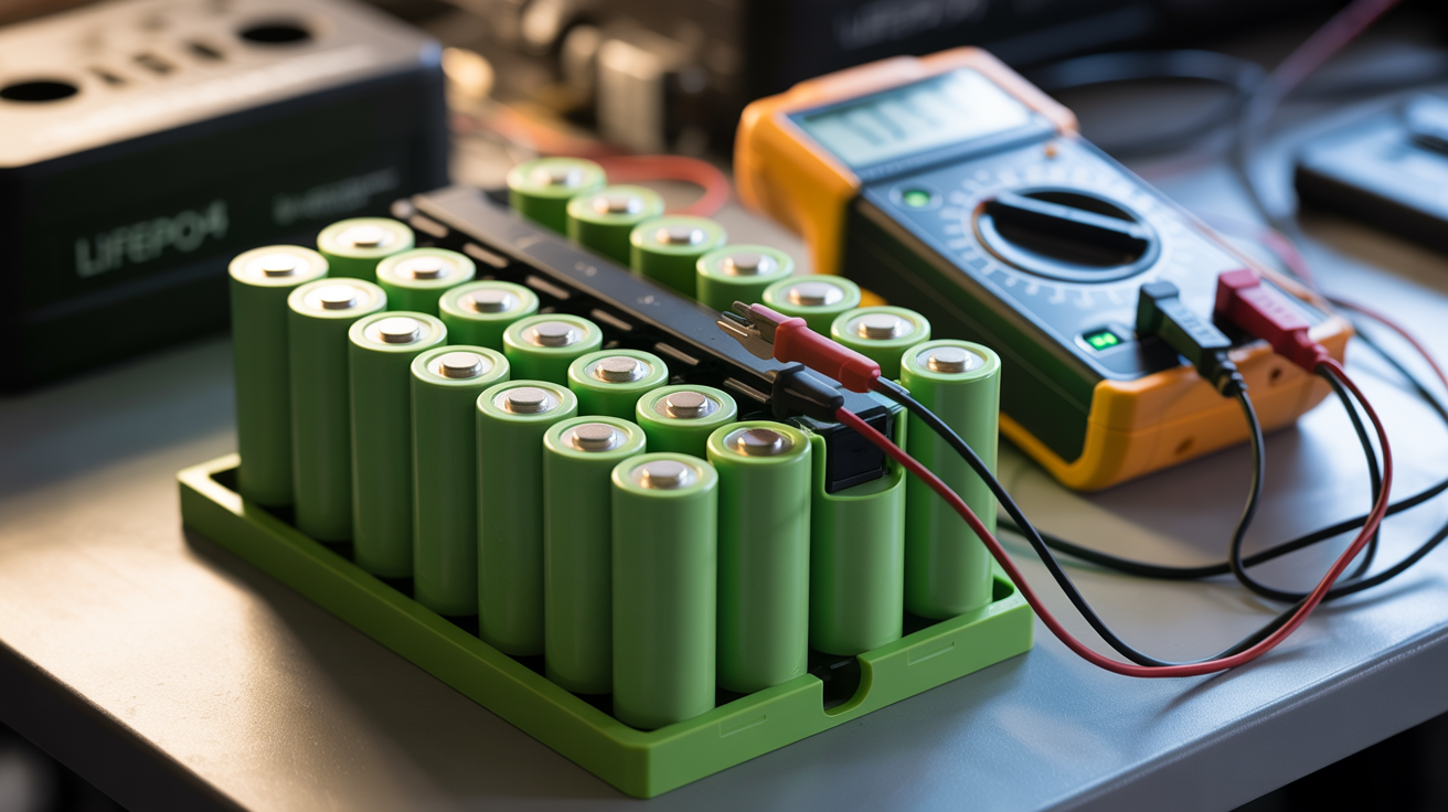 LiFePO4 battery cells with voltage testing equipment