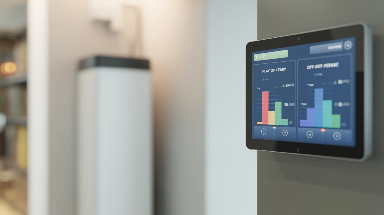 Smart energy dashboard showing peak vs off-peak usage with battery system