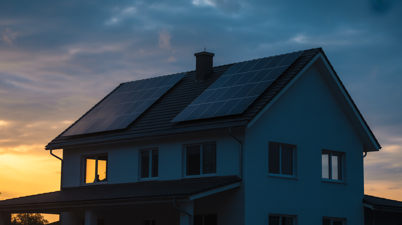 Dark house at sunset with solar panels but no lights on