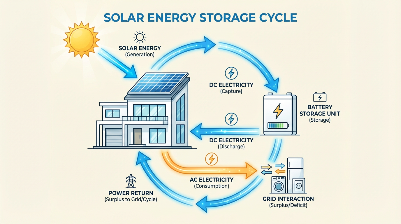 Energy flow diagram showing sun, solar panel, battery, and home